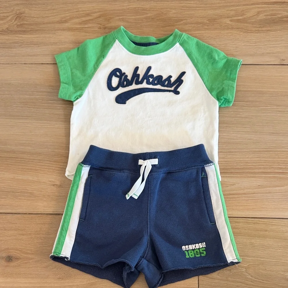 OshKosh Bgosh Boys 12M Raglan Tee and Fleece Shorts 2 Piece Set Blue Green White
